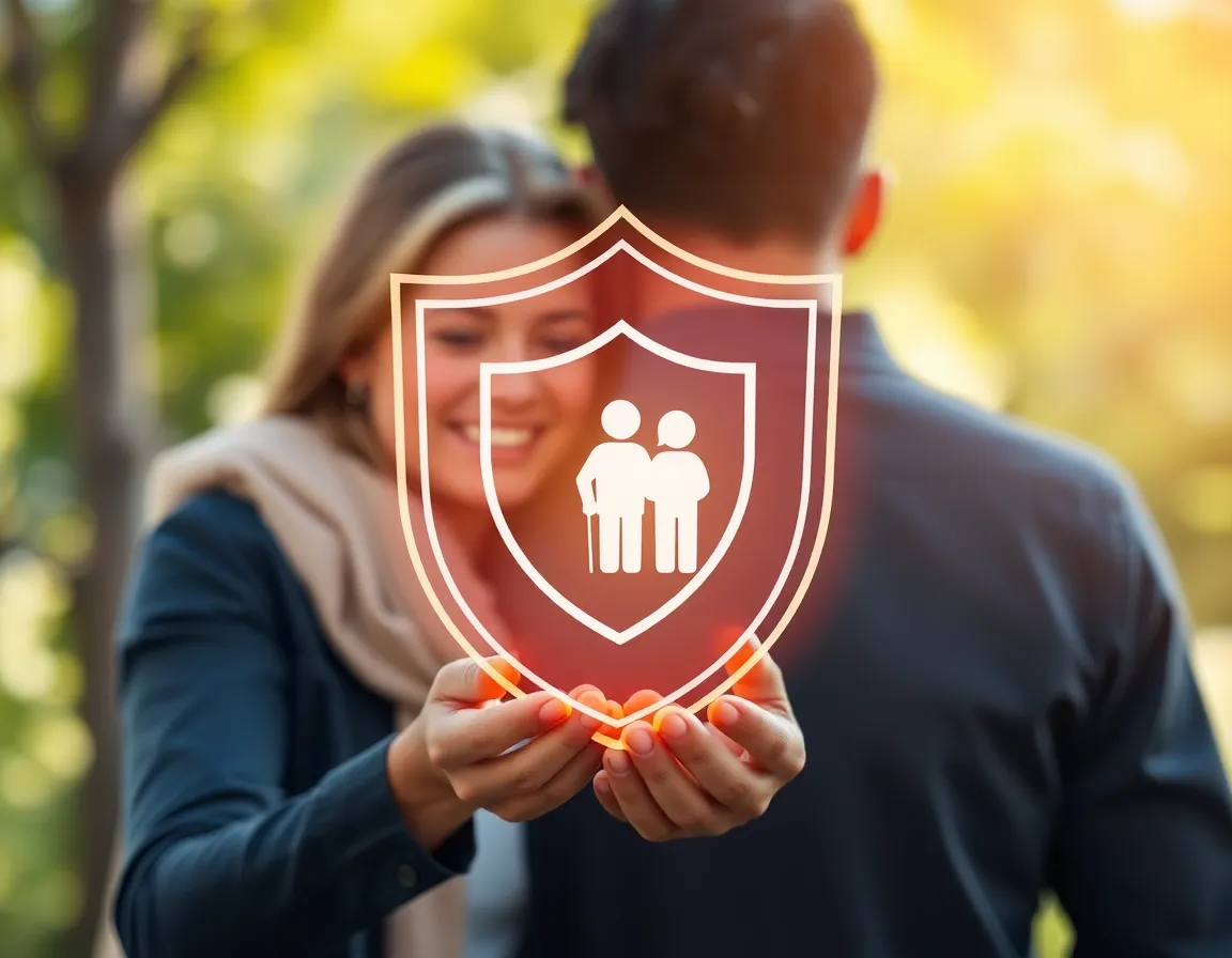 A protective shield icon covering a family, representing comprehensive insurance coverage.